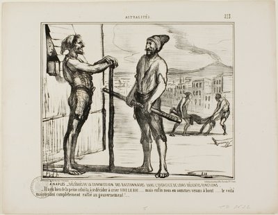 Il Naples. - La Commission des Bastonnades pendant son travail délicat. "- Il a fallu un certain temps pour convaincre celui-ci de crier : "VIVE LE ROI !"... mais finalement nous avons touché le fond... et maintenant il est complètement en faveur du gouver - Honoré Victorin Daumier