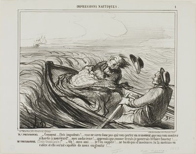 M. Prudhomme : "- Odieuses vagues.... ne savez-vous pas qui vous portez en ce moment ... oh audacieux... sachez que je vais, comme Xerxès, vous fouetter terriblement". Mme Prudhomme : (frissonnant de peur) "- Je vous en prie, mon cher ami, n
