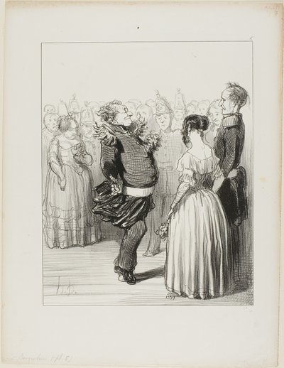 Rifolard ouvre le ballon et exécute un audacieux pas de danse en avant, qui reçoit de nombreux éloges, plaque 5 des Banqueteurs - Honoré Victorin Daumier
