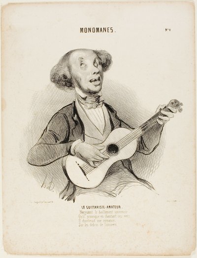 Le guitariste amateur. Défiant les bâillements de tous, En chantant son couplet chétif, Il chanterait une chanson de salon, Sur les ruines de l