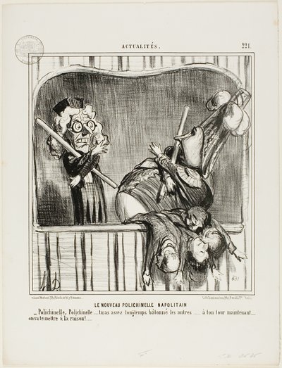 Le nouveau bouffon napolitain. "Polichinelle, Polichinelle, tu as assez matraqué les autres... à toi de jouer. Nous allons vous ramener à la raison...", planche 221 d