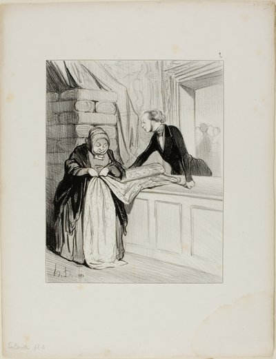 Le canular du vendeur. - Un modèle démodé. "Ce genre de tissu a une teinte délicieuse ; Madame est la première à qui je l