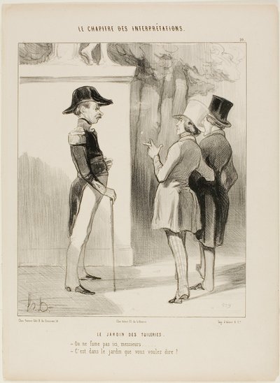 Le jardin des Tuileries. "- On ne fume pas ici, Monsieur ! - Vous voulez dire dans le jardin ", planche 10 du Chapitre Des Interprétations - Honoré Victorin Daumier