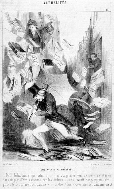 Un duel de mystères : caricature sur « Les mystères de Paris », publié en feuilleton par Eugène Sue - dans « Le Charivari » du 16/02/1844 - Honoré Daumier