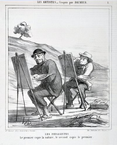Œuvre de Honoré Daumier (1808-1879). Charivari date de 1865 : Série LES ARTISTES Les paysagistes. « Le premier copie la nature, le second copie le premier » MUSÉE DES BEAUX-ARTS - PALAIS LONGCHAMP, MARSEILLE - Honoré Daumier