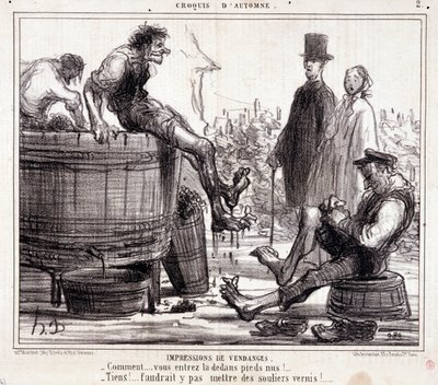 Caricature sur les vendangeurs foulant des raisins pieds nus, de la série « Croquis d
