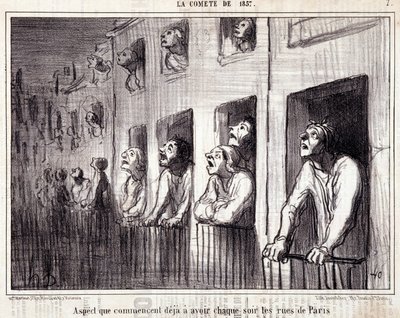 Caricature sur la science. Série sur « La Comète de 1857 » : « Aspect que commencent à avoir chaque nuit les rues de Paris ». Gravure par Honoré Daumier (1808-1879). Extrait du journal « Le Charivari ». - Honoré Daumier