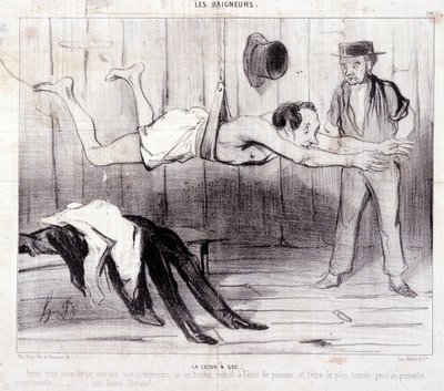 Caricature sur les touristes en vacances. Série « Les Baigneurs » : « La leçon à sec ». Gravure par Honoré Daumier (1808-1879). Extrait du journal « Le Charivari ». - Honoré Daumier