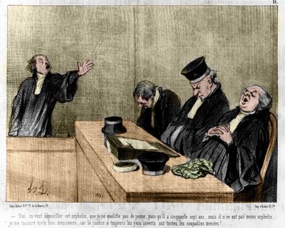 Caricature de Daumier: Série "Les Gens de justice" publiée dans "Charivari" du 15/08/1845. Un avocat plaidant en dormant. - Honoré Daumier