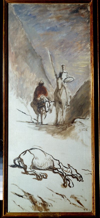 Don Quichotte et la mule morte Illustration du roman de Miguel Cervantes « Don Quichotte de la Manche » (El ingenioso Hidalgo Don Quijote de la Mancha). Peinture par Honoré Daumier (1808-1879). 19ème siècle - Honoré Daumier