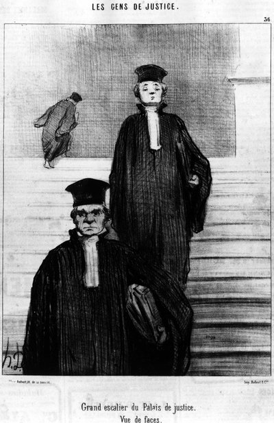 Grand escalier du Palais de Justice, Vue des visages, tiré de la série « Gens de Justice », série de caricatures sur la Justice par Honoré Daumier (1808-1879). « Charivari » - Honoré Daumier