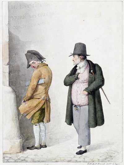 Homme urinant contre un mur et un autre passant - lithographie par Brunet - Horace Antoine Brunet