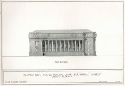 Élévation frontale, la bibliothèque commémorative Harry Elkins Widener pour l