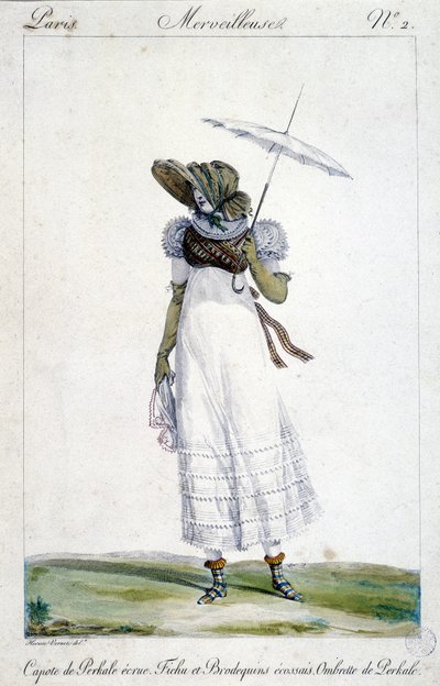 Gravure de mode par Horace Vernet (1789 - 1863), réalisée vers 1810 pour « Un Merveilleux », représentant une femme portant un dais écru, une broderie sanglante, un tartan et un parapluie - Emile Jean Horace Vernet