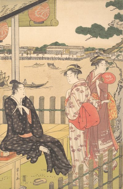 Groupe dans une maison de thé sur la rive de la rivière Sumida, vers 1790 - Hosoda Eishi