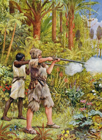 Crusoe et Vendredi tirent sur les sauvages, illustration de 