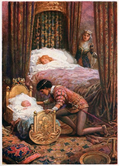 Il se pencha pour embrasser le petit bébé, des Contes de fées italiens, par Lilia E. Romano, publié par Raphael Tuck & Sons - Howard Davie