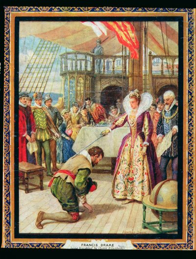 La reine Elizabeth I (1530-1603) fait chevalier Francis Drake (1540-96), illustration de 