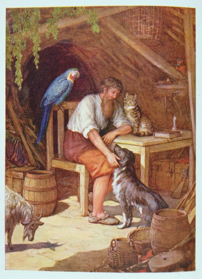 Robinson Crusoé dans sa hutte, illustration de 