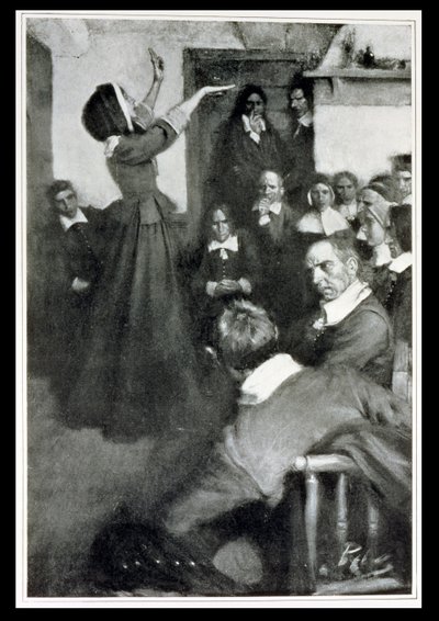 Anne Hutchinson prêchant dans sa maison à Boston, 1637, illustration de 