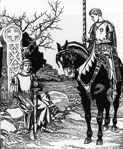 Légende arthurienne : Galahad rencontre Melyas de Lyle Illustration par Howard Pyle (1853-1911) de « L