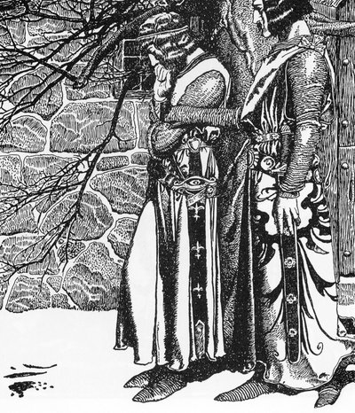 Légende arthurienne : Le chevalier Kay (Keu) et Perceval Illustration par Howard Pyle (1853-1911) de « L