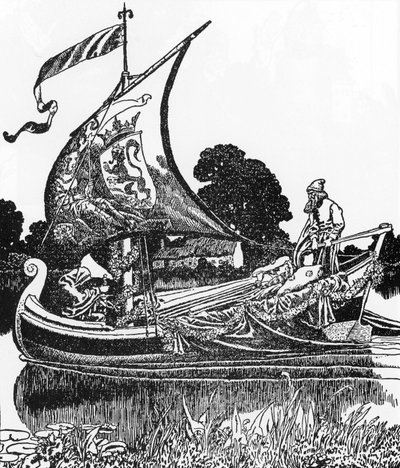 Légende arthurienne : La barque des morts apporte le corps du roi Arthur Illustration par Howard Pyle (1853-1911) de « L