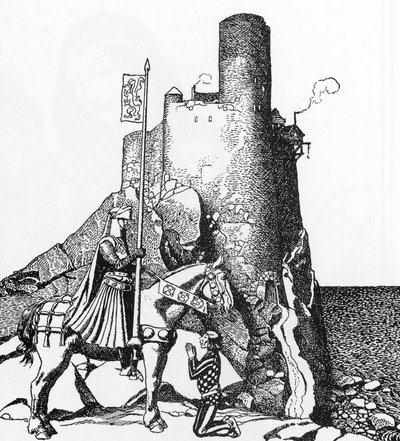 Légende arthurienne : Tristan arrivant au château de Nabon Illustration par Howard Pyle (1853-1911) de « L