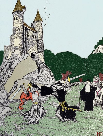 Bataille entre le roi Arthur et le chevalier noir en présence de Merlin l