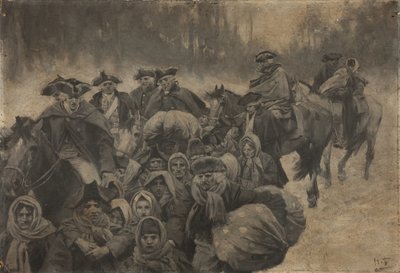 Cinq soldats en manteau rouge à cheval, avec un autre enveloppé jusqu
