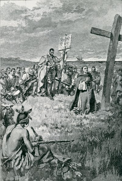 Jacques Cartier (1491-1557) érigeant une croix à Gaspé, illustration de 