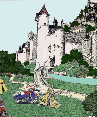 Le roi Arthur et le chevalier noir combattent dans la cour de Camelot - Howard Pyle