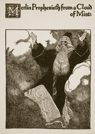 Merlin prophétise depuis un nuage de brume, illustration de 