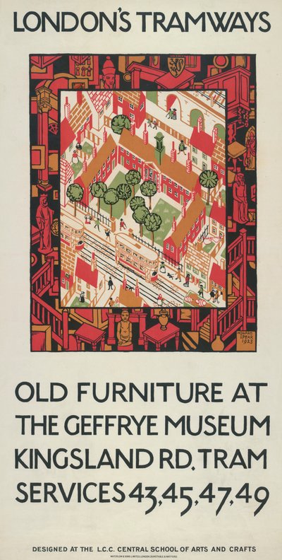 Vieux meubles au Geffrye Museum, affiche des tramways du London County Council LCC, 1924 - Howard Spear