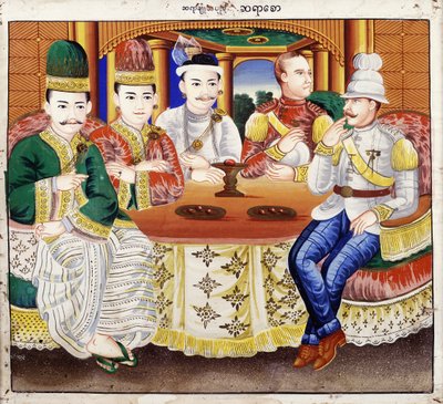 Le roi Thibaw avec des dignitaires et un officier britannique - Hsaya Chone and Hsaya Saw