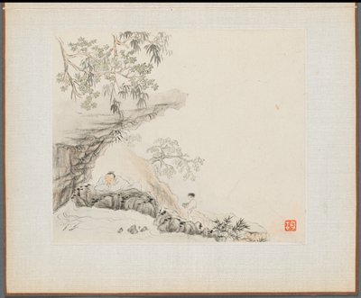 Album de Peintures de Paysages Illustrant de Vieux Poèmes : Un homme allongé sous un surplomb rocheux ; un garçon se tient à sa droite - Hua Yan