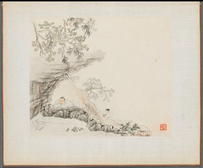 Album de peintures de paysages illustrant de vieux poèmes : Un homme allongé sous un surplomb rocheux - Hua Yan