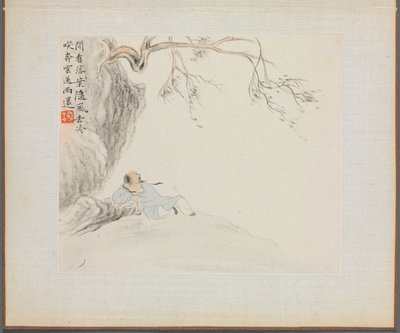 Album de Peintures de Paysages Illustrant de Vieux Poèmes : Un homme allongé sous une branche surplombante - Hua Yan