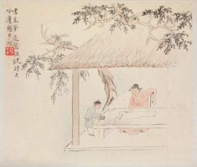 Album de Peintures de Paysages Illustrant de Vieux Poèmes : Un homme assis à une table devant un rouleau ouvert ; un garçon mélange de l
