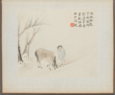 Album de peintures de paysages illustrant de vieux poèmes : Un homme et un cheval près d