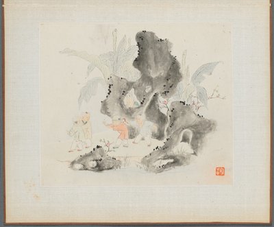 Album de peintures de paysages illustrant de vieux poèmes : Enfants jouant dans un bosquet rocheux, 18e siècle - Hua Yan