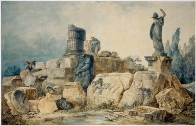 Deux jeunes femmes dessinent les ruines de Rome, trois personnages en vêtements antiques les observent d