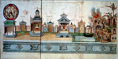 Frontispice illustrant la passion et la résurrection de Jésus-Christ. De gauche à droite : le Paradis (avec une salle vide), la porte de Nazareth, le temple, la porte de Jérusalem, le palais (avec la maison des énigmes), la porte Dorée, le limbe des pères - Hubert Cailleau