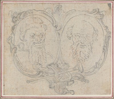 Double cartouche avec deux têtes et symboles de la renommée et de la folie - Hubert Francois Gravelot