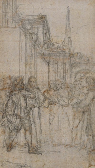 Illustration littéraire : Homme avec épée confrontant un groupe de figures devant un bâtiment - Hubert Francois Gravelot