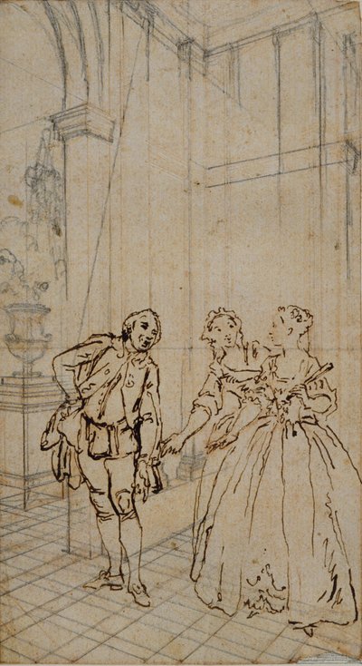 Illustration littéraire avec gentleman et deux dames à l