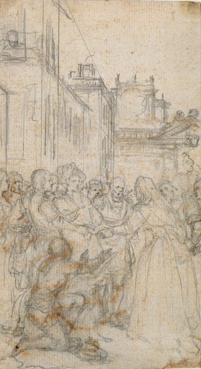 Illustration littéraire avec groupe de figures suppliant un homme - Hubert Francois Gravelot
