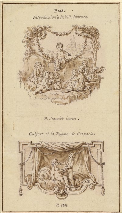 Neuf enfants écoutant une fille raconter une histoire; Un garçon remettant une bourse à une fille assise sur un lit - Hubert Francois Gravelot