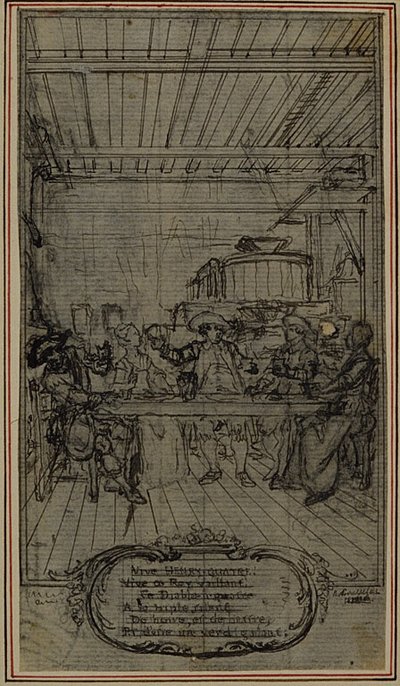 Etude pour la Vignette-Frontispice de "La Partie de Chasse de Henri IV" de Colle, Acte III, Vive Henry Quatre ! - Hubert Francois Gravelot