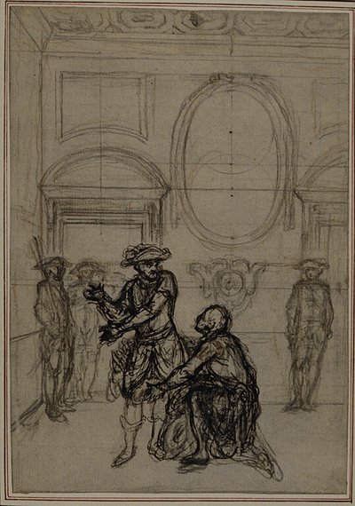 Étude pour une deuxième édition, jamais publiée, de "La Partie de Chasse de Henri IV" de Colle, Acte I, Scène 6 - Hubert Francois Gravelot